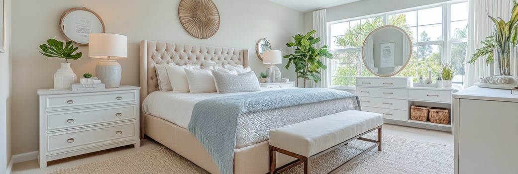 Bright and airy modern bedroom with elegant decor and natural light in a contemporary home photo