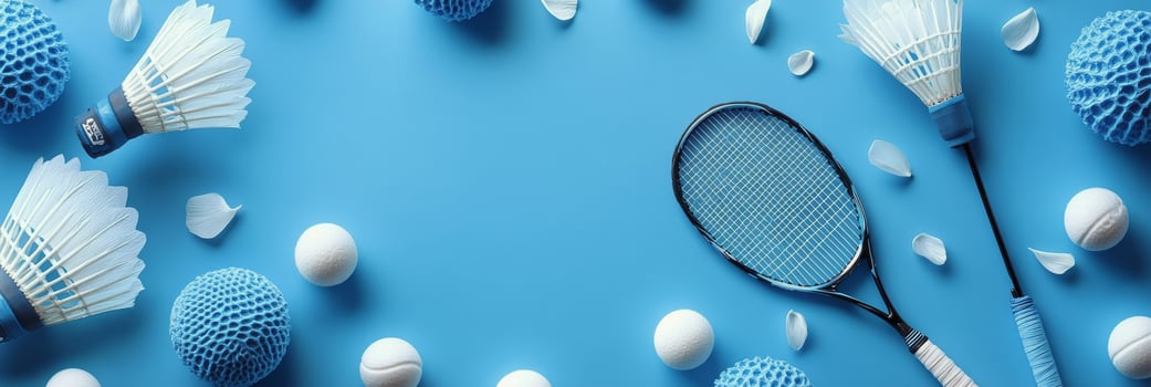 Assorted sports equipment displayed on a blue background highlighting badminton and tennis gear photo