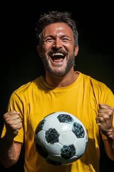 Cheerful man in yellow shirt celebrating with a soccer ball, showcasing enthusiasm and joy photo