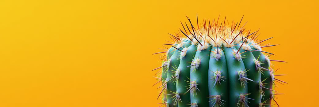 A vibrant green cactus with striking thorns against a bright yellow background indoors photo
