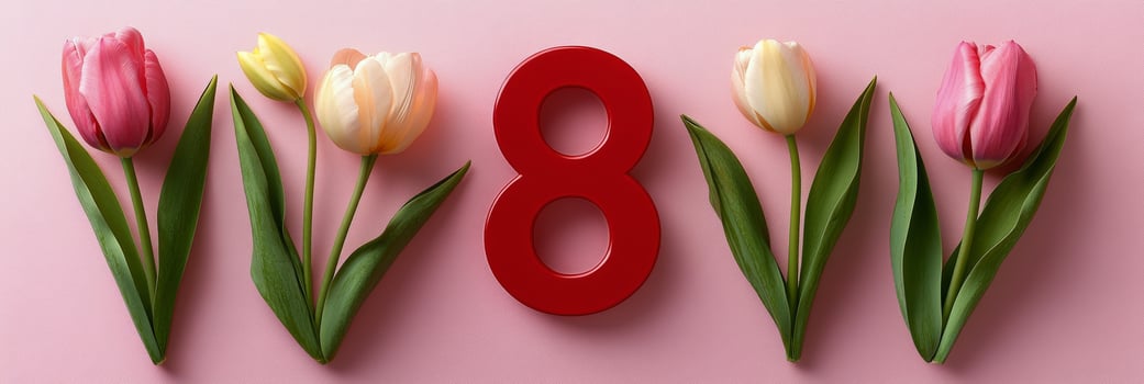 Brightly colored tulips surround a red number eight on a pink backdrop for a celebratory occasion photo