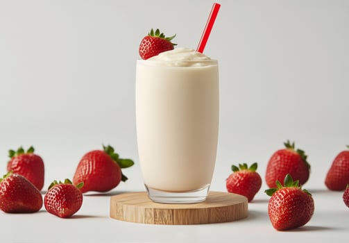 Delicious creamy milkshake topped with fresh strawberries and a straw on a wooden platform photo