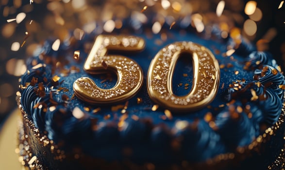 Celebrating a milestone birthday with a stunning blue cake featuring golden 50 decorations photo