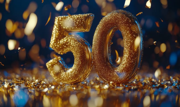 Celebrating a milestone birthday with a stunning blue cake featuring golden 50 decorations photo