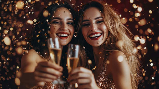 Two joyful friends celebrate with champagne and confetti at a vibrant party atmosphere photo
