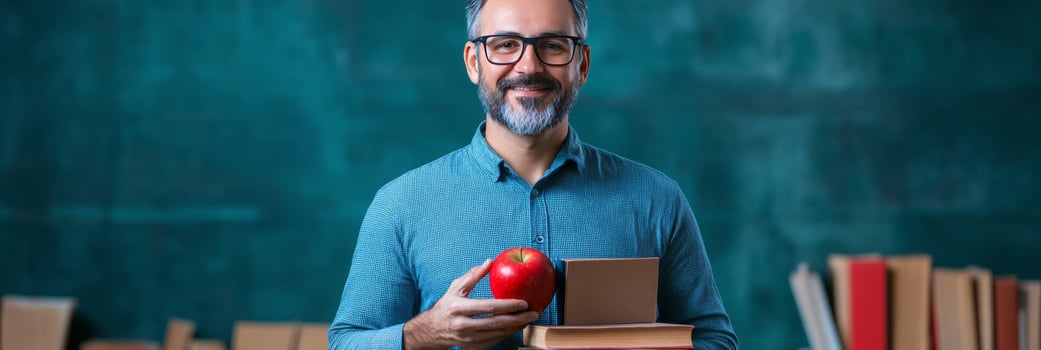 Young man with glasses holding books and an apple against a teal background photo