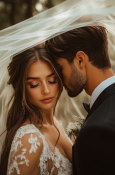 A tender moment between a bride and groom under soft wedding veil during sunset photo