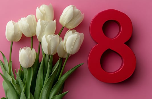 Elegant arrangement of white tulips next to a striking red number 8 on a pink background photo