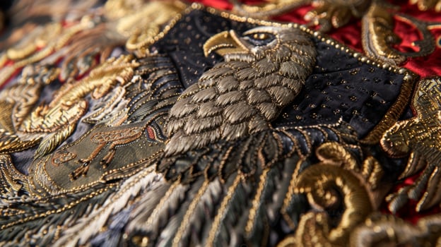An intricately embroidered family crest with a majestic eagle perched atop a shield showcasing a rich heritage and deep pockets photo
