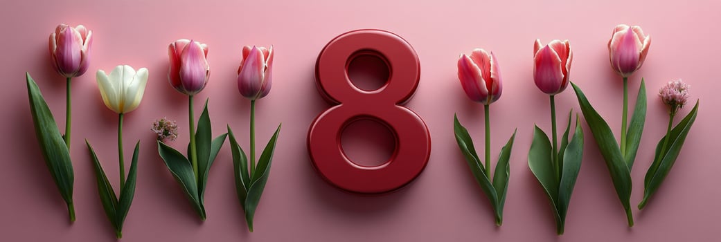 Brightly colored tulips surround a red number eight on a pink backdrop for a celebratory occasion photo