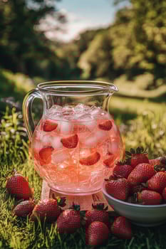 Refreshing strawberry lemonade served in a pitcher on a sunny day in a lush green field photo