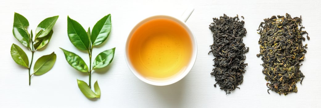 Freshly brewed tea in a cup next to loose tea leaves and green tea leaves on a wooden surface photo
