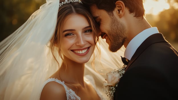 Joyful couple sharing a romantic moment during their outdoor wedding ceremony in the sunlight photo