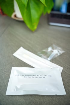 Rapid Antigen Test kit with all needed during swab COVID-19 testing. Coronavirus Self nasal or Home test, Autumn exacerbation of viruses. High quality photo