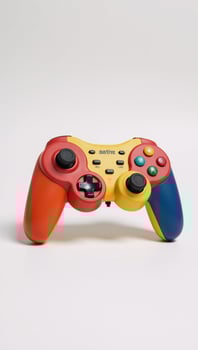 Colorful retro game controller against minimal white backdrop photo