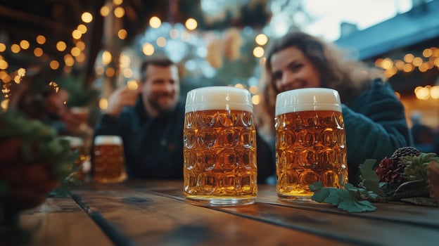 Oktoberfest, munich. Beer mugs on table, People drinking beer photo