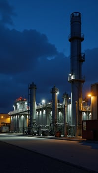 Modern chemical factory at night highlighted by ASME equipment and highpressure tanks in a factory area within the chemical industry photo