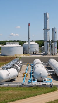 A 3D visualization showcases a chemical plant featuring oil gas storage cryogenic liquid containers factories with spherical highpressure tanks pipelines and the exterior of greenery on a summer day photo