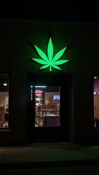 Nighttime photograph captures a cannasupply stores facade lit by backlit green marijuana leaves photo