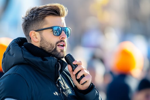 A security professional with sunglasses speaks confidently into a microphone at a public event during daylight photo