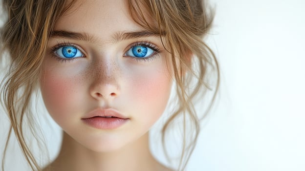 A girl with captivating blue eyes looks directly ahead, embodying innocence and beauty photo