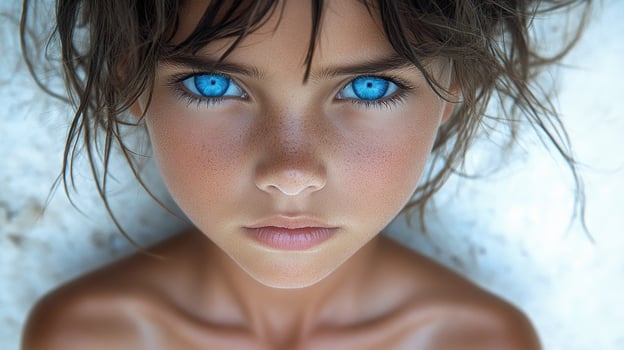 A young girl gazes intensely, showcasing her bright blue eyes and natural beauty photo