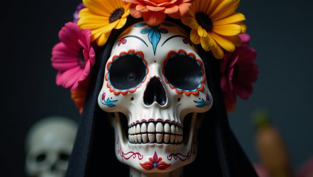 Mexican sugar skullstyle depiction of La Santa Muerte as a floral calavera grim reaper figure photo