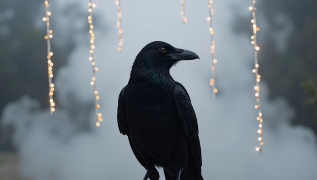 Sleek black raven perches amidst misty settings lit by LED star lights photo