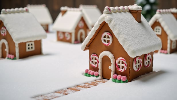 Festively decorated gingerbread village under wintery snowfall photo