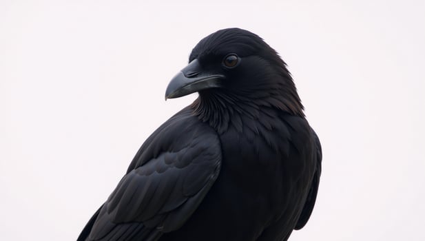 A raven blackbird stands on a stark white background photo