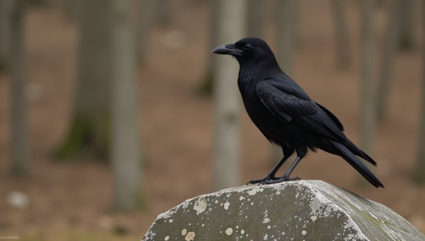 A Pixarinspired portrait depicts a solitary raven perched menacingly on a weathered rock covered with moss and lichen photo