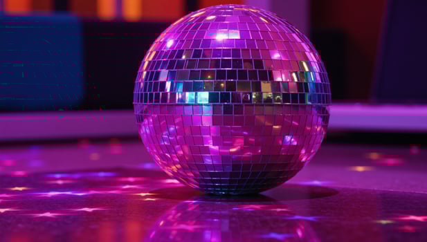 A neon disco ball surrounded by pink purple party lights illuminates a vibrant dance scene photo