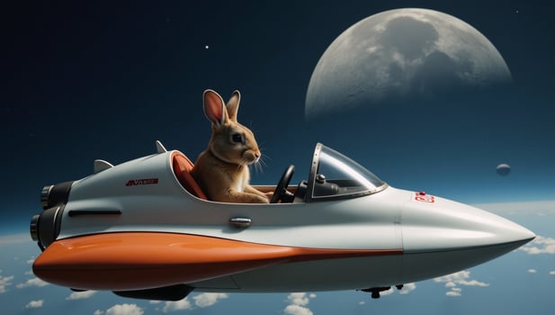 A whimsical illustration depicts a rabbit piloting a spaceship towards the moon photo