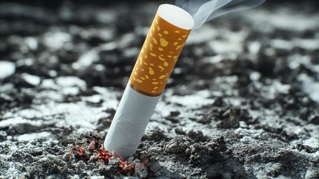 A cigarette stands upright in the ash-covered ground, smoke curling upward in solitude photo