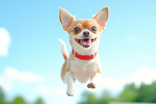 A playful Chihuahua leaps joyfully against a bright blue sky in a sunny outdoor setting photo