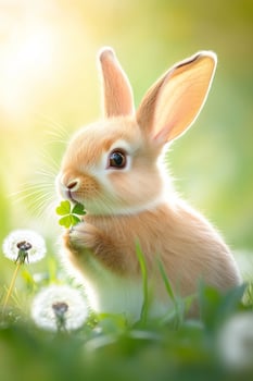 A peaceful rabbit enjoying a clover in a lush green meadow during a sunny spring day photo