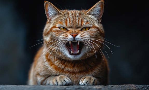 A cat with its mouth open and teeth bared, looking angry. The cat is orange and has black stripes. photo