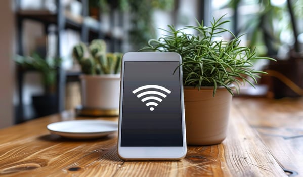 A phone is on a table with a plant next to it. The phone has a wifi symbol on it. photo