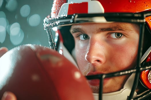 Close-up of an American football quarterback preparing to throw during a rainy practice session at the stadium photo