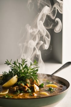 A bowl of soup with smoke coming out of it photo