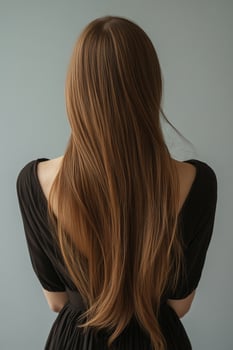 A person with long black hair in a ponytail poses in a dark dress against a plain background photo