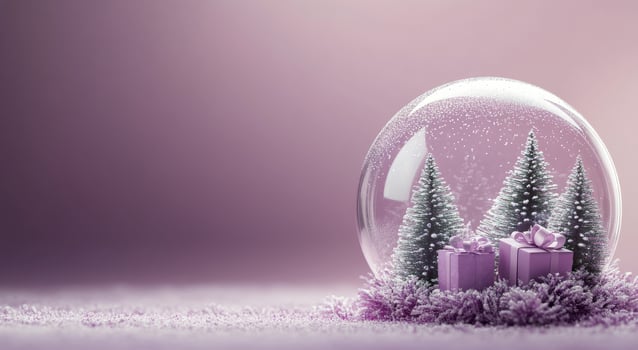 Festive glass ornament filled with purple gift boxes and decorations for winter celebrations photo