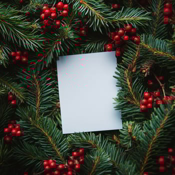 Blank sheet of paper surrounded by festive greenery and red berries for holiday greetings photo