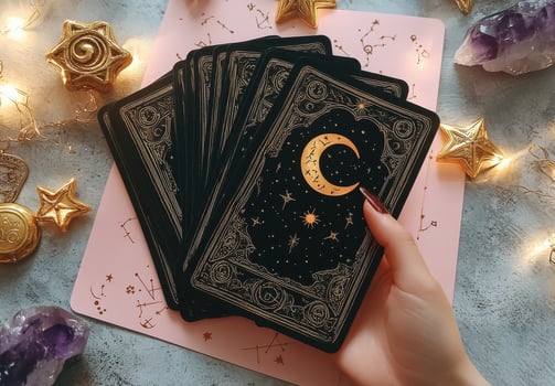 Tarot card reading session with beautifully designed cards on a pink background photo