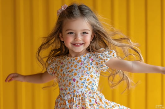 Cheerful young girl in a yellow floral dress twirls joyfully against a vibrant yellow background photo
