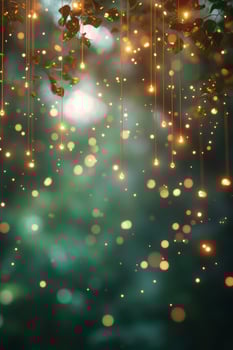 Magical forest atmosphere with suspended lights and shimmering bokeh in a lush greenery setting photo