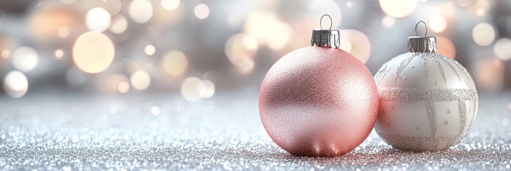 Two sparkling Christmas ornaments on a soft glittering surface with a blurred background photo