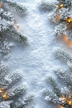 Frosted Christmas tree branches with warm lights on a textured gray background photo