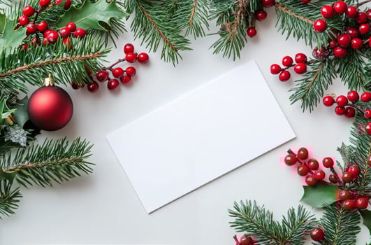 Festive holiday card surrounded by evergreen branches and red berries on a light background photo