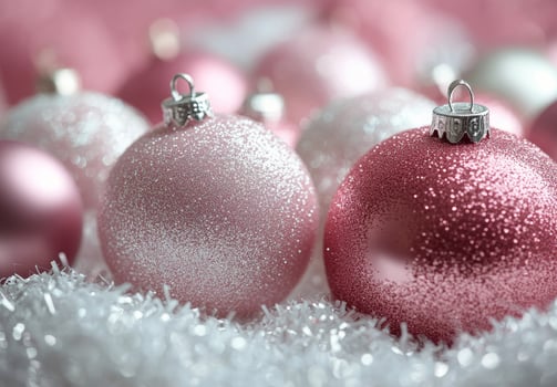Elegant pink and silver Christmas ornaments arranged on a snowy surface during the holiday season photo